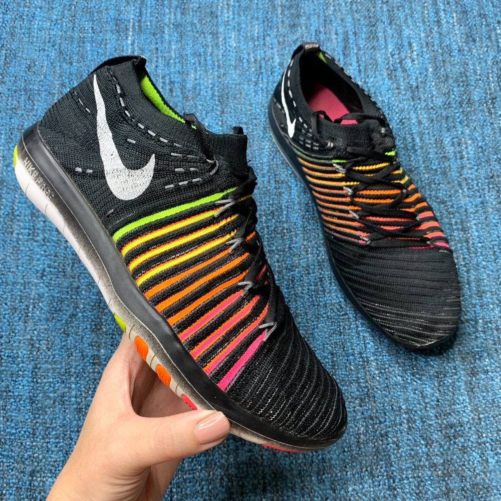 Nike Free Transform Flyknit Black Rainbow Lace Up Running Shoes